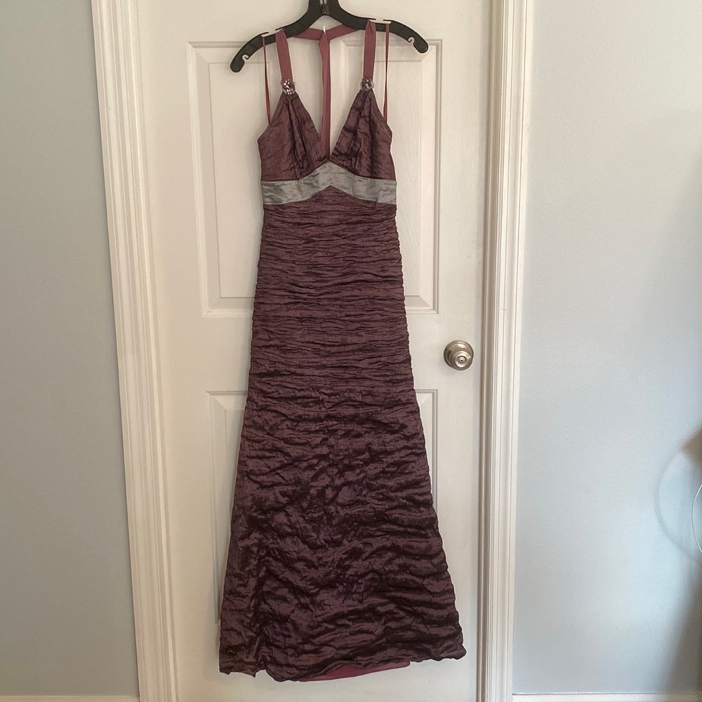 Vintage BCBG glam purple metallic evening gown with halter top tie neckline